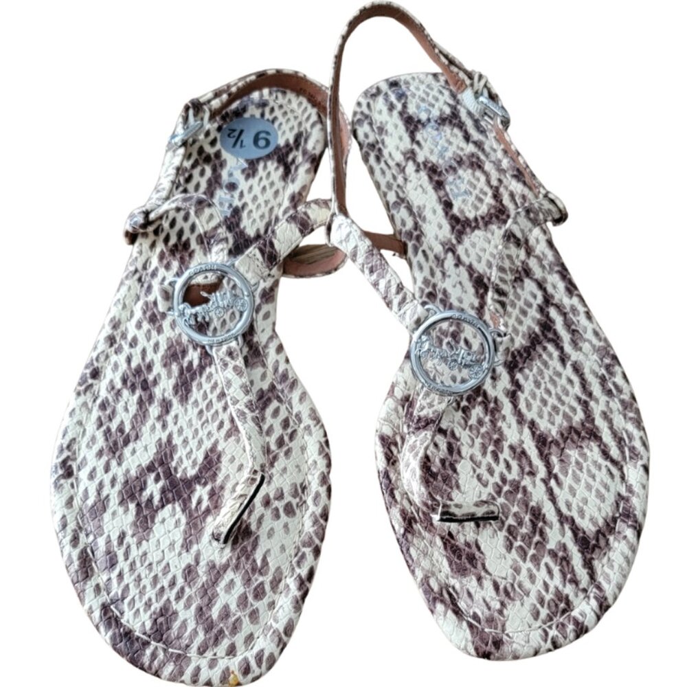 Coach Jazmin PTE thong sandals in natural snakeskin embossed leather.